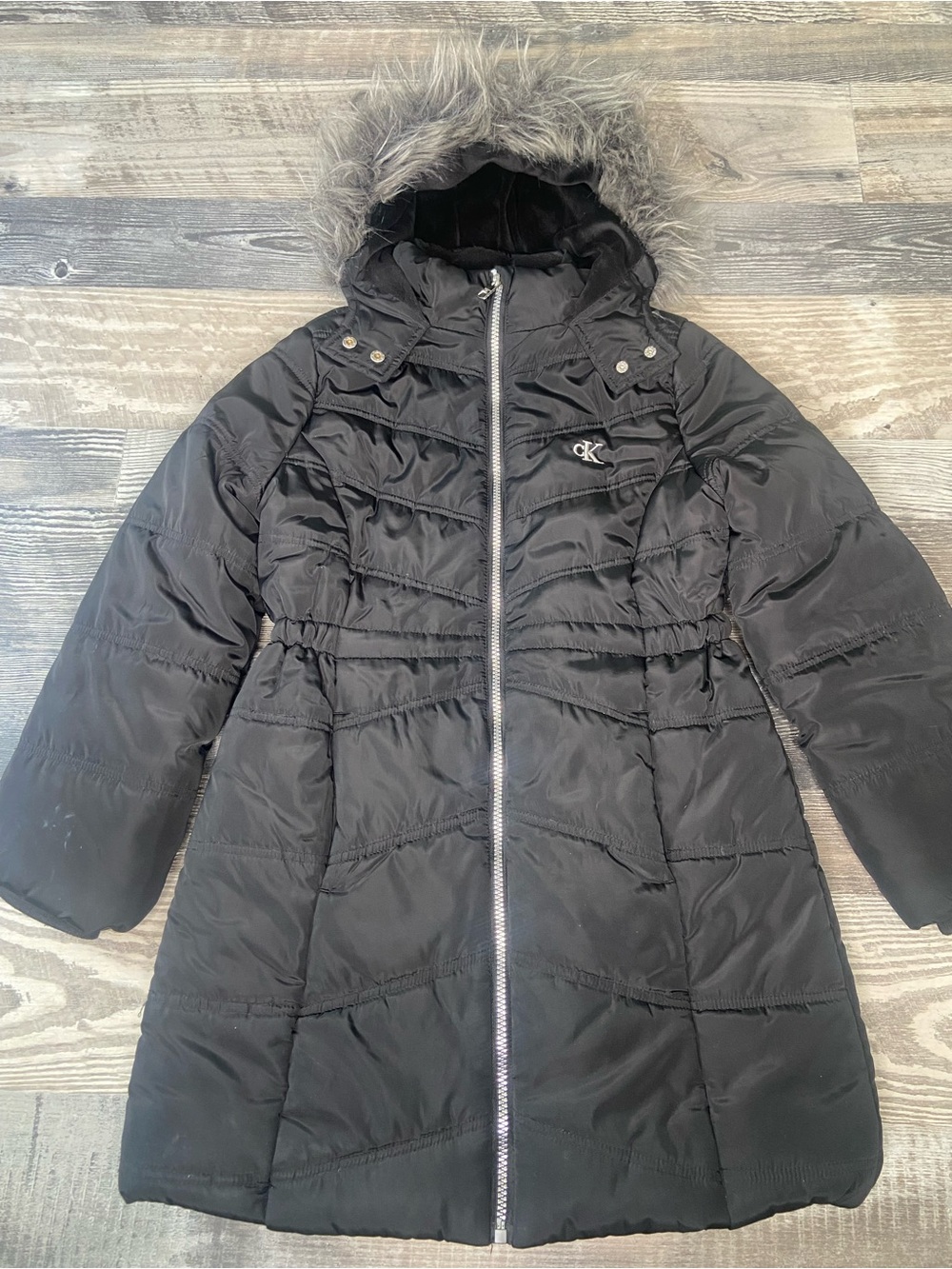 Calvin Klein Jeans Black Quilted Hooded Puffer with Faux Fur Trim